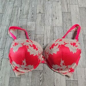 Victoria Secret Very Sexy Push-up Bra Size 36DD Neon Pink Floral Lace Padded